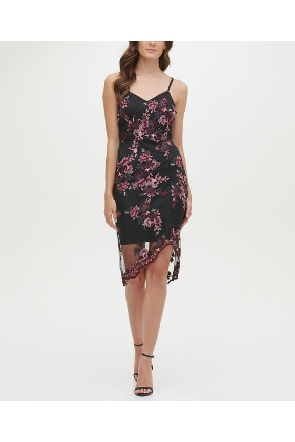 Womens Black Embroidered Zippered Floral Spaghetti Strap V Neck Short Party Sheath Dress 8