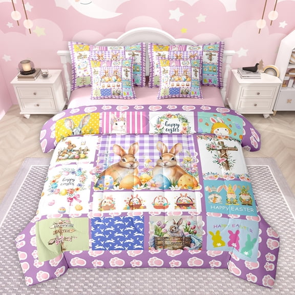 Feelyou Happy Easter Teens Twin Bedding Sets 7-Piece, Kawaii Bunnies Animal Bedding Comforter Set, Purple Cartoon Patchwork Reversible Sheet Sets, Cute Super Cozy Room Decor