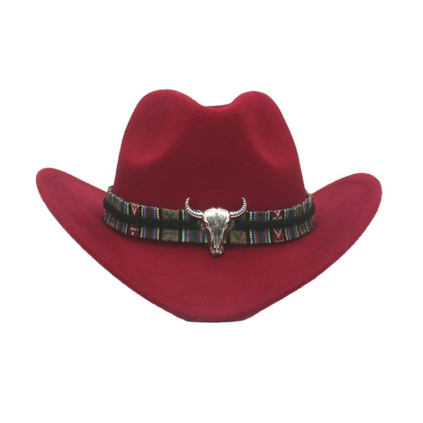 Transemion Stylish Wide Brim Mens Hat Unique Metal Bull Head For Retro Look  Comfortable Ethnic Style Formal Hat wine red 1 Pc 
