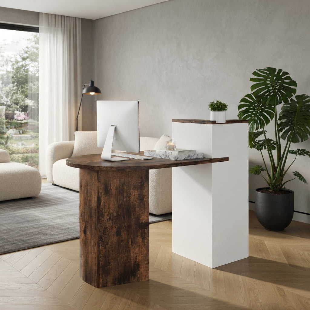Demi Bonn Front Reception Office Desk with Open Shelf and Lockable Drawer, Small Home Computer Desk Study Writing Table, Brown + White