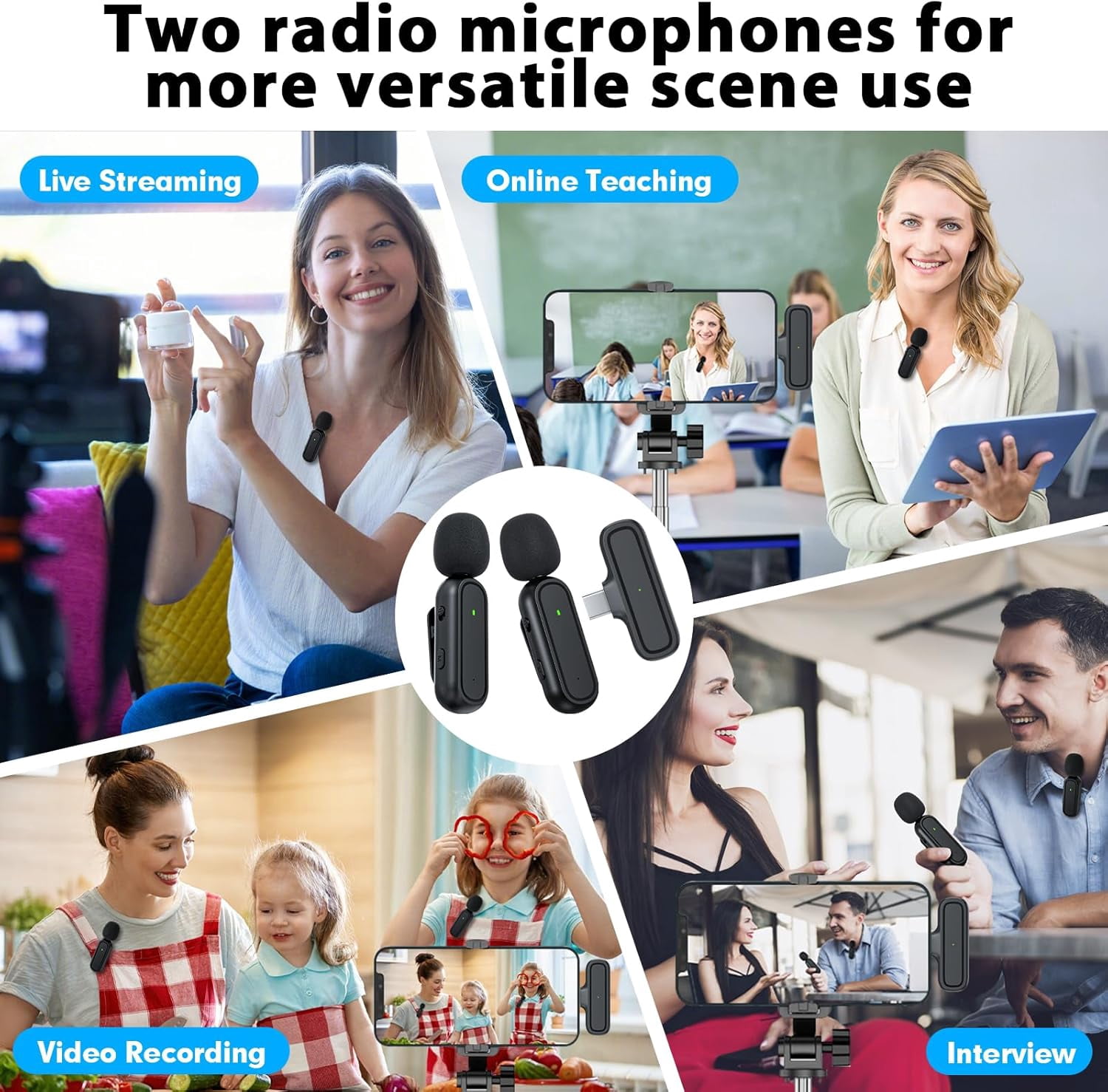 2 Pack Wireless Microphone for Android iPhone iPad with Adapter Included Noise Reduction Plug-Play Clip on Lapel Mic for Video, Recording, Interview Podcast, Vlog, YouTube