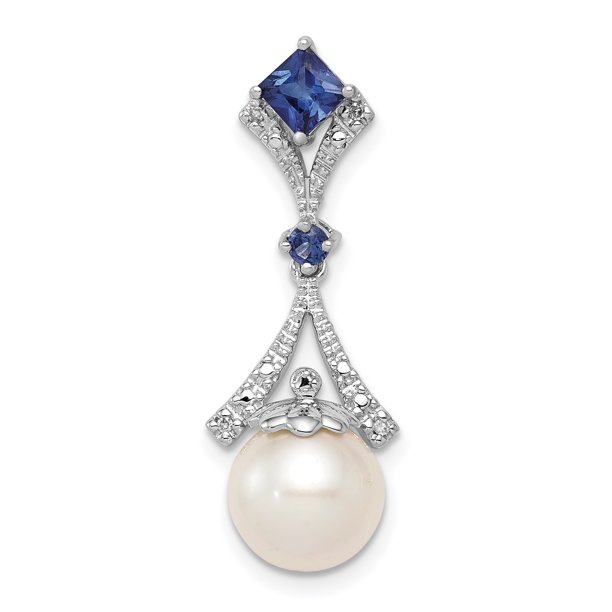 925 Argent Sterling Rhodium Plaqué Diamant Créé Saphir Eau Douce Cultivé Pendentif Perle