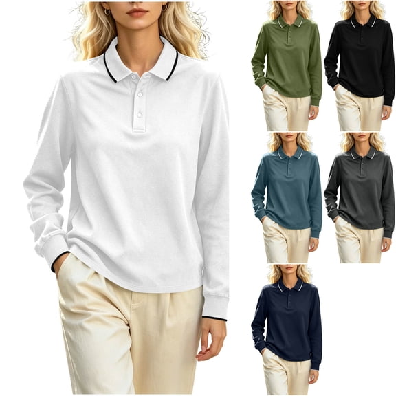 Womens Soft Knit Long Sleeve Golf Shirts Collared Contrast Trim Quick Dry Dressy Pullover Tees for Tennis Workout Athletic Work Office, White, XS