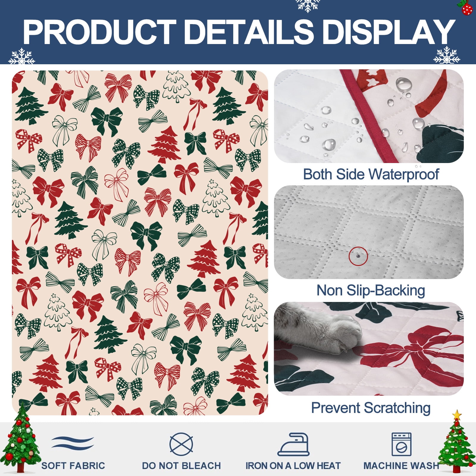 Sanmadrola Christmas Sofa Cover Waterproof Slipcover Couch Cover Furniture Protector Machine Washable Non Slip Leakproof with Straps for Dogs Kids Pets Christmas Indoor Decoration Bow Oversized Sofa