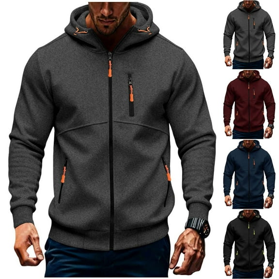 Momasggi Men's Zip Up Fleece Hoodie Drawstring Long Sleeve Sports Hooded Jacket Outdoor Hiking Sweatshirt with Zipper Pockets Gray L