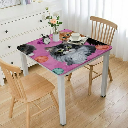 

YANMS Cute Cat Square Fitted Tablecloth 100% Polyester Fiber - Wrinkle Resistant Oil Resistant - Dining Table Protection - Elastic Band for Easy Installation - Machine Washable 40*40