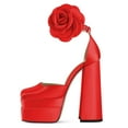 thumbnail image 2 of YDN Women Gorgeous Flower Buckled Strap Pumps Square Toe Platform Block High Heel Sandals Daily Wedding Evening Shoes Size 7 Red, 2 of 4