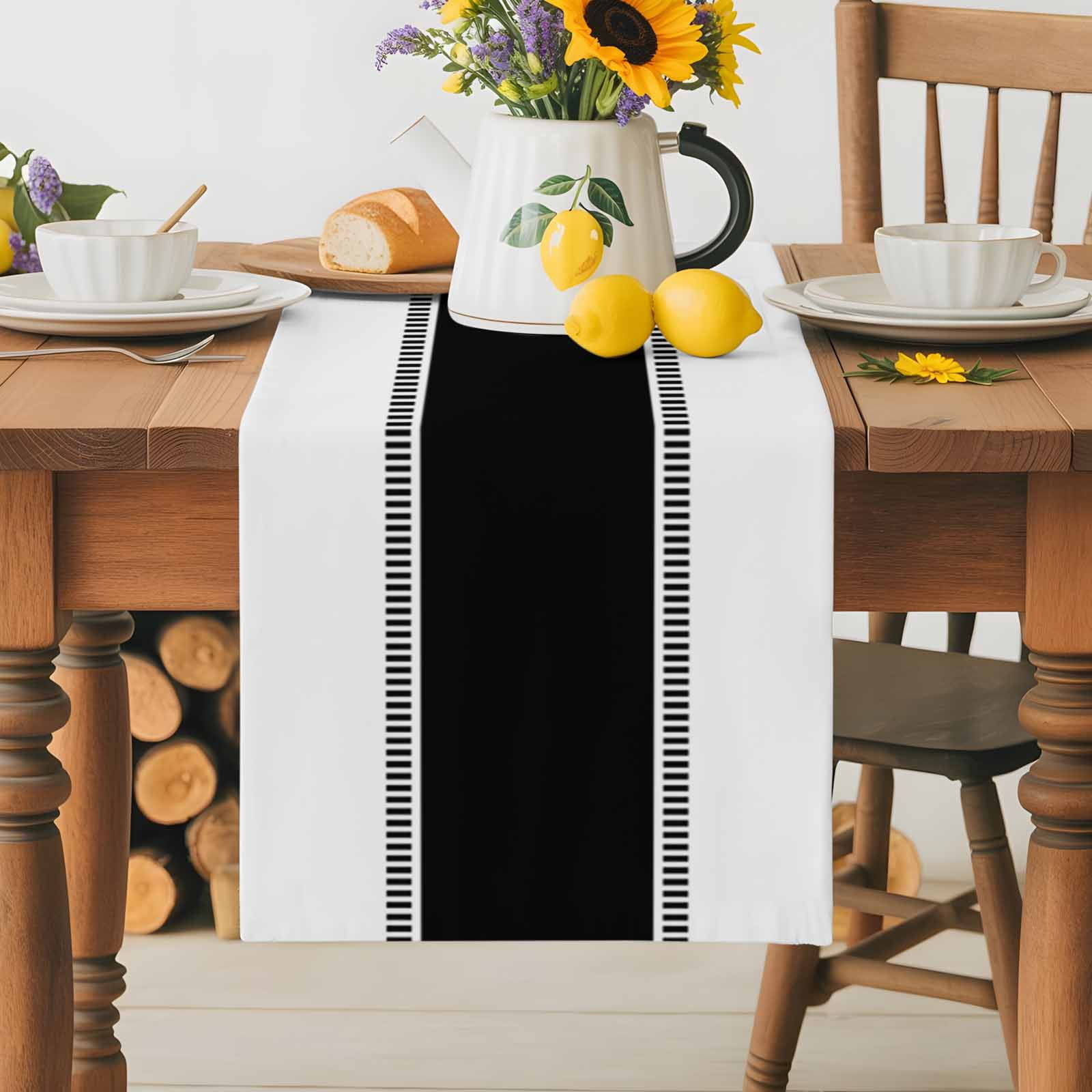 Burlap Table Runner 90 Inches Long, Modern Black Stripe on White Non-Slip Kitchen Table Runners for Dining Room Everyday Use Party Table Decorations Minimalist Geometric Art