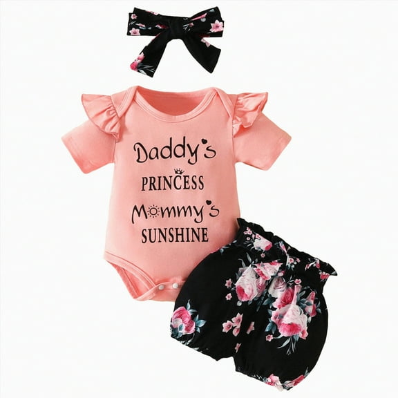 KPOPLK Baby Girl Summer Clothes I’m New Here Going Home Outfit Ruffle Ribbed Romper Tops Floral Shorts Set Headband clearance clothes under $5.00 size 3 girls(6-9 Months,Hot Pink)