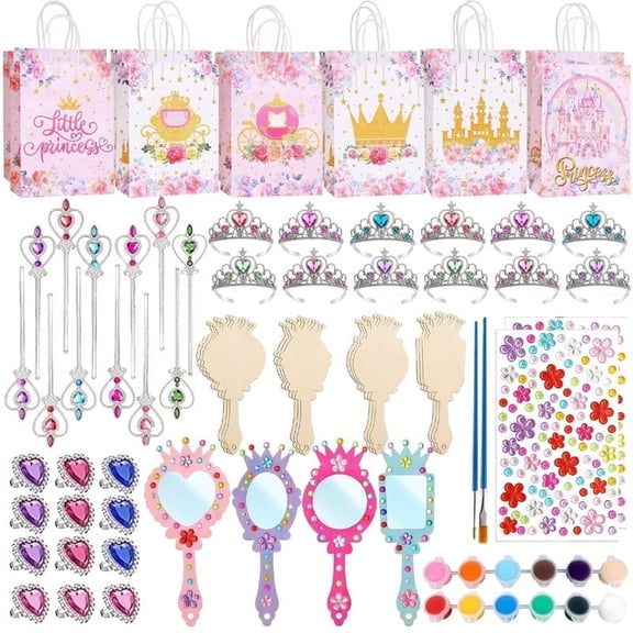 76 PCS Princess Party Favors Birthday Party Decorations Including Crown, Magic Wand, Diamond Ring, Mirror, Princess Goodie Bag Stuffers Princess Crown Party Supplies for Girls