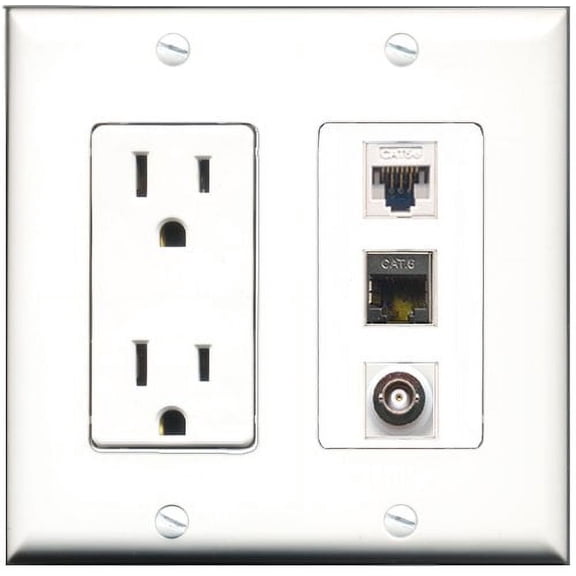RiteAV - 15 Amp Power Outlet 1 Port Shielded Cat6 Ethernet Ethernet 1 Port BNC 1 Port Cat5e Ethernet White Decorative Wall Plate