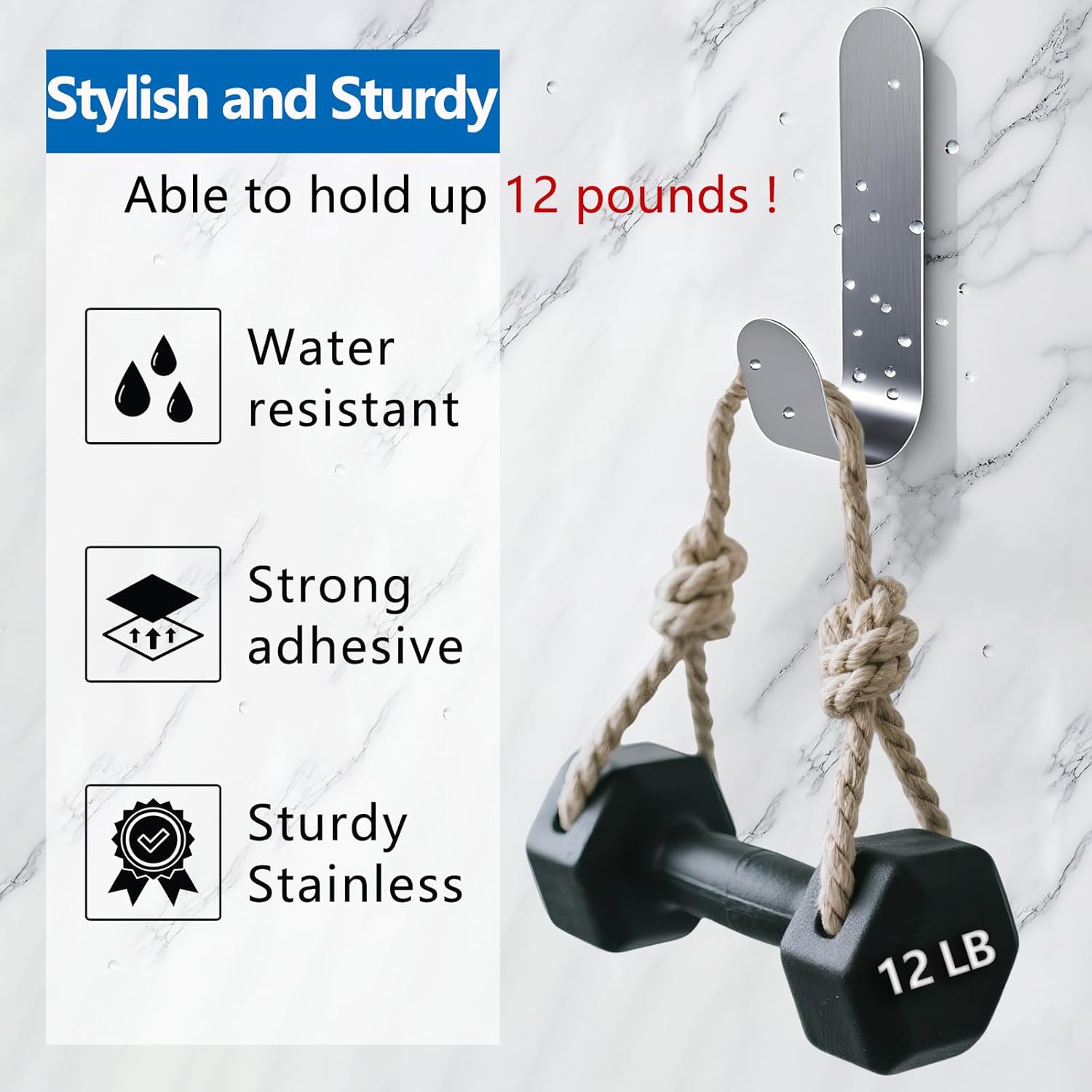 JJEAN-Heavy Duty Adhesive Hooks for Wall, Silver Stainless Steel, 12 Pack, Large j Hooks for Hanging - Simplicity/Sturdy/for Bathroom Kitchen/for Hanging Coat/Rober/Bag/Towel/Clothes
