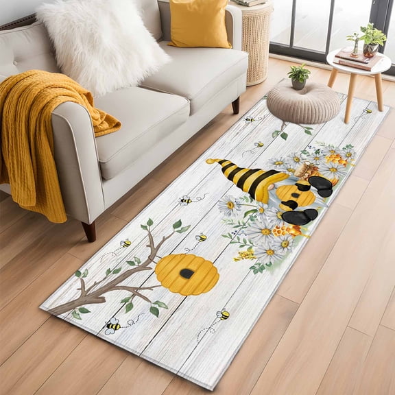 Yellow Gnomes 2'x6' Runner Rugs for Hallway Kitchen Bedside Non Slip Washable, Spring Floral Bees Daisy Branches Wooden Entryway Rug Runners with Rubber Backing, Long Carpet Runner for Laundry Room