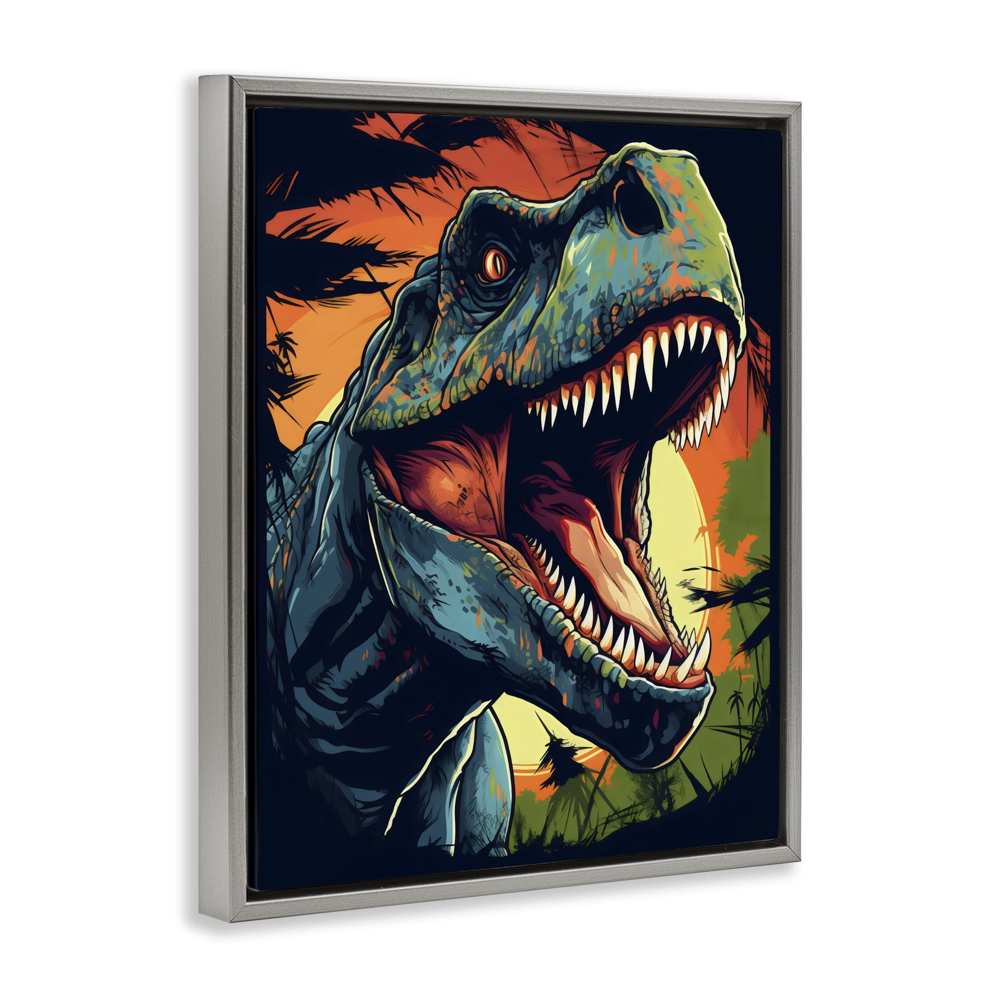 Stupell Industries Dino Roar at Sunset Gray Framed Floater Canvas Wall Art, design by Creative Studio