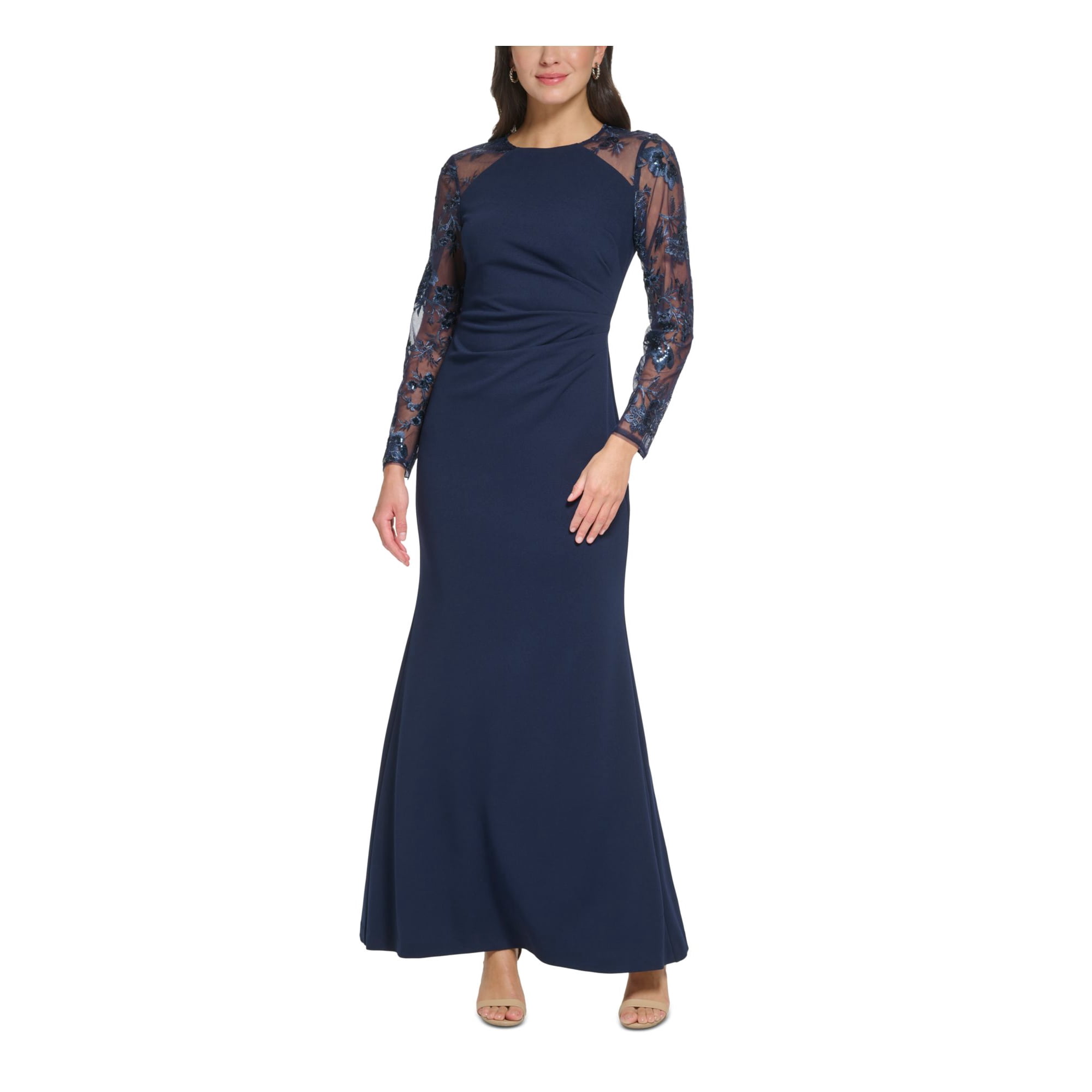 ELIZA J Womens Navy Zippered Lined Sequined Lace Sleeves Padded Long Sleeve Jewel Neck Full Length Formal Gown Dress 8 Walmart