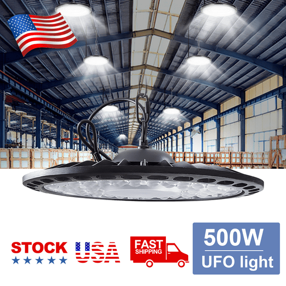 500W LED High Bay Light 30,000LM, 6000K Daylight UFO High Bay LED Shop Lights with Plug 5' Cable US Plug, IP65 Waterproof Lamp, Shop Lights, Commercial Workshop Garage granary Lighting