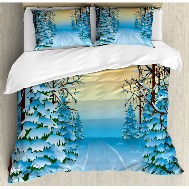 Winter Decorations Queen Size Duvet Cover Set, Forest View Paint Print