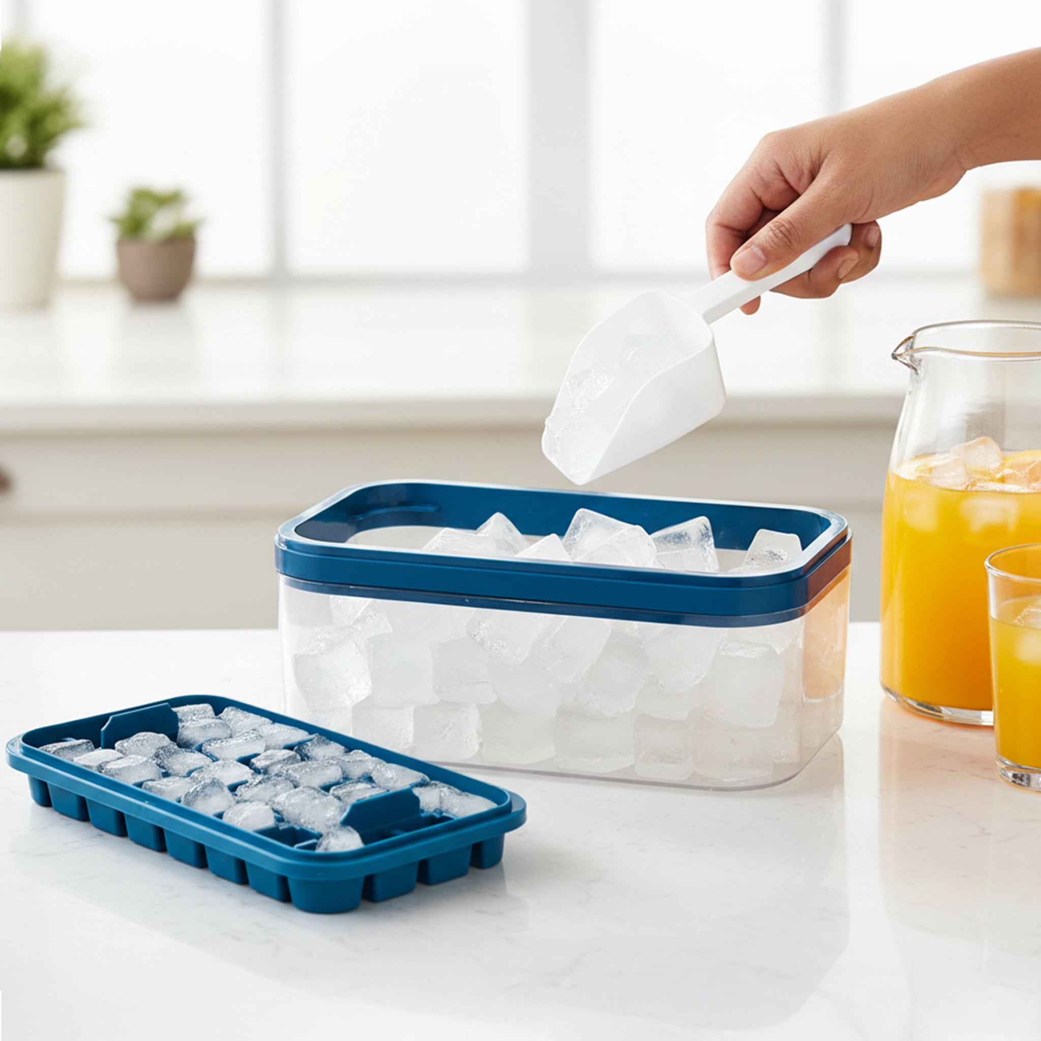 Mainstays 4-Piece Ice Cube Tray Set with Bin and Scoop for Freezer Storage