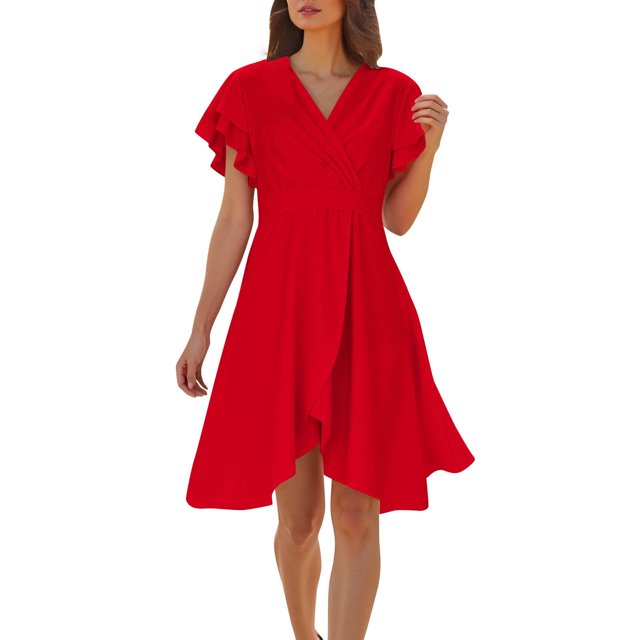 Hinvhai Womens Summer Dresses Floral Cap Sleeve Wrap V Neck Ruffle A-Line Sun Dress Red XL(XL)