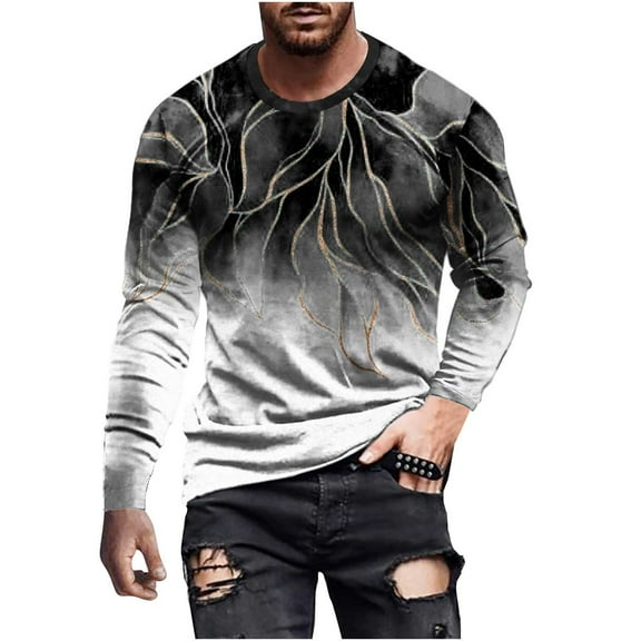 Honeeladyy Autumn Men's Long Sleeve Round Neck T-Shirt 3D Digital Printing Pullover Casual Top #Ga-Black-XL