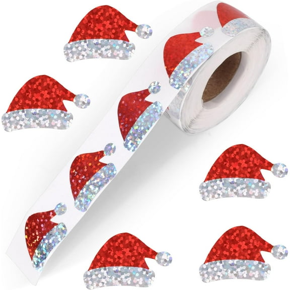 500PCS Santa Hat Stickers Roll, Glitter Christmas Hat Self-Adhesive Decals for Xmas Envelopes, Cards, Gifts, Party Decorations, Holiday Supplies