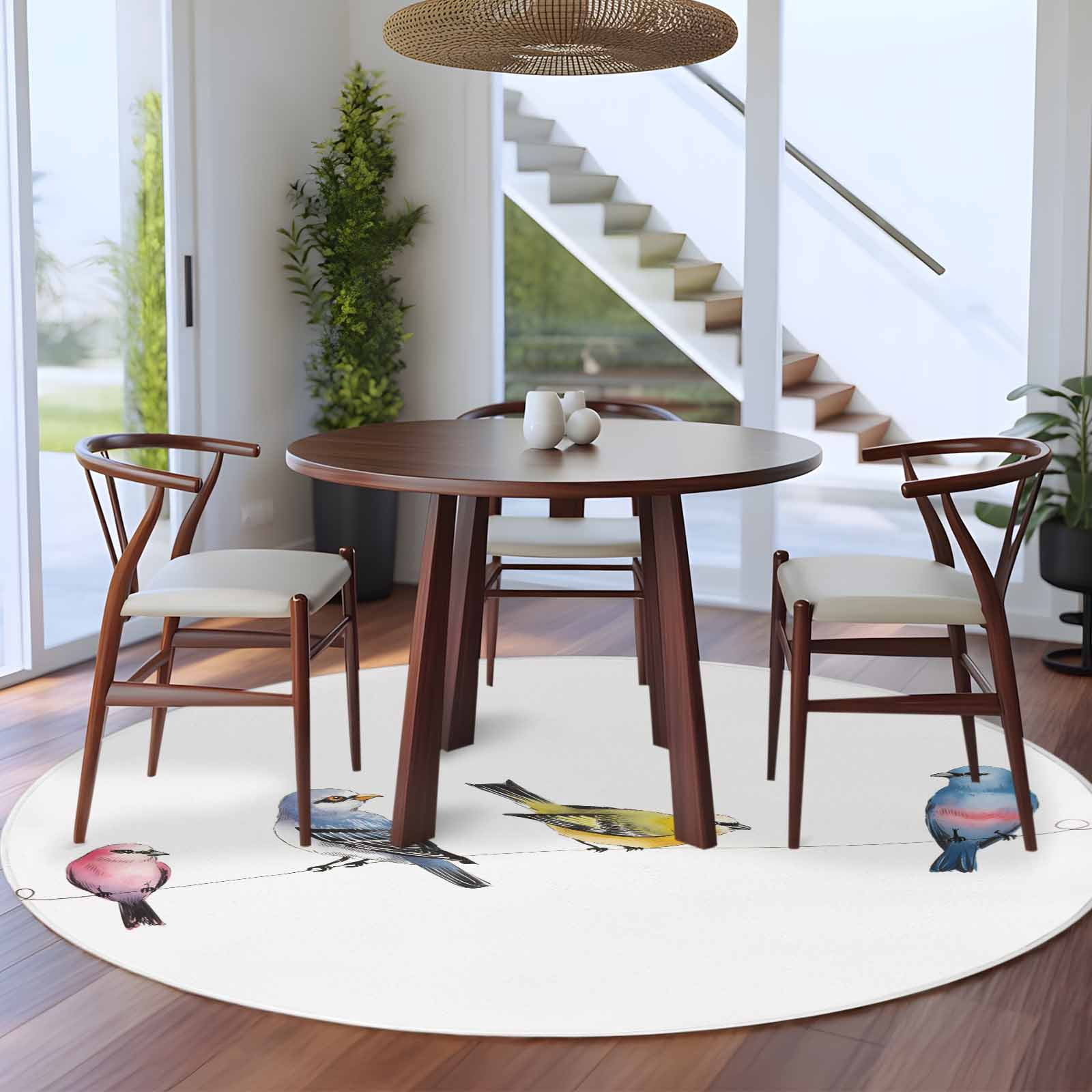 Watercolor Birds Round Area Rug 6Ft Washable Circle Rugs for Bathroom Office, Spring Animal Rustic Non-Slip Carpet Floor Mats Indoor Outdoor Carpet Runner Aesthetic Home Decor