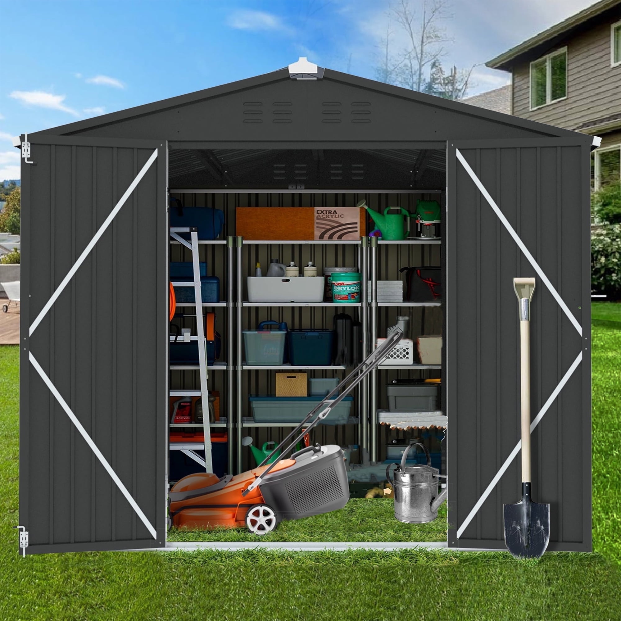 8' x 6' Outdoor Storage Shed with Lockable Door, SESSLIFE Outdoor Storage Cabinet, Black Metal Shed for Garden Backyard