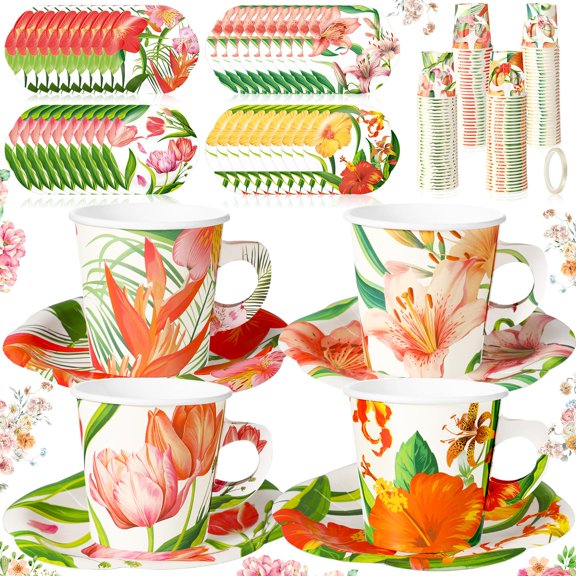 Umigy 60 Sets Tea Party Decorations AFN16.5oz Floral Paper Tea Cups with Handle and Plates Disposable Blossom Teacups and Saucers Sets with Tape for Hot Cold Drink Birthday (Luxurious)