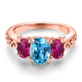 thumbnail image 3 of Gem Stone King 18K Rose Gold Plated Silver Swiss Blue Topaz and Red Created Ruby Filigree Style 3 Stone Ring for Women (2.50 Cttw, Oval 8X6MM and 6X4MM) (Size 8), 3 of 6