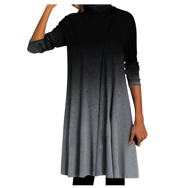 Femmes Robe Filles Genou Longueur Robes Impression Manches Patchwork Robe Dame O-Cou Long Col Roulé Femmes Femmes Robe Adulte Vêtements Féminins Gris Taille XXL