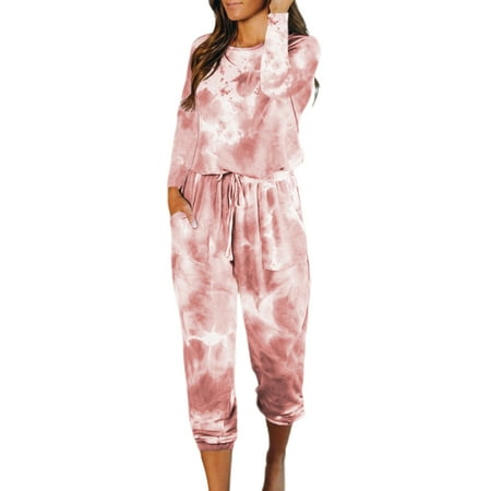 

Glookwis Women Elastic Waist Sleepwear Two Pieces Outfits Loungewear Baggy Loose Pajamas Sets Top And Pant Tie Dye Lounge Set Nightwear Red XL