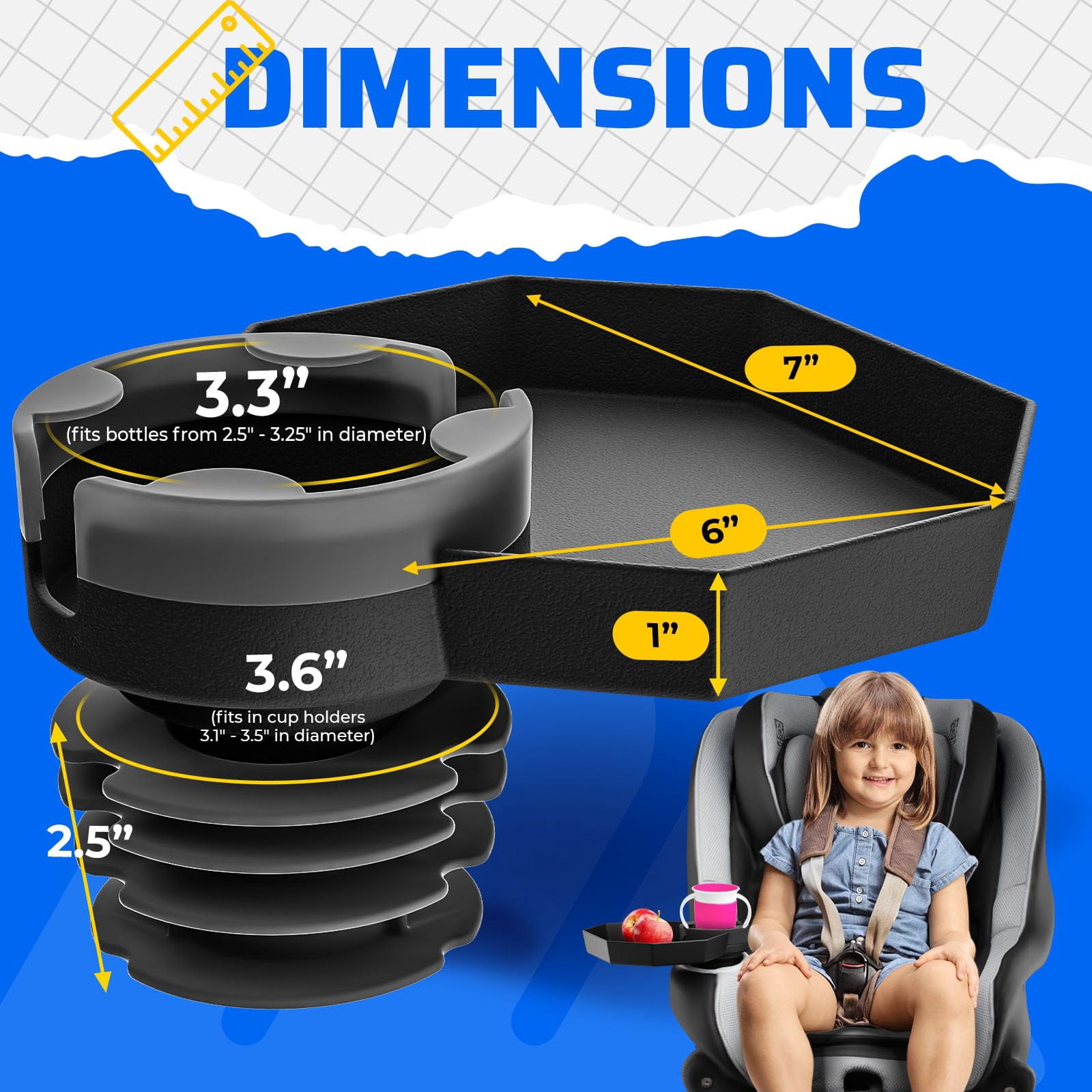 Kids Travel Tray Large Base - Car Seat and Car Cup Holder Tray - Tray for