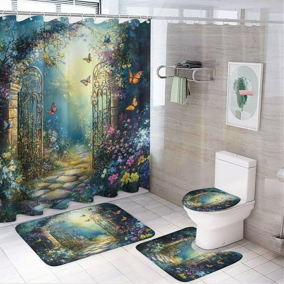 Watercolor Mid Century Arch Florals 4 Pcs Shower Curtain set,Modern Spring Garden Rose Print Butterfly Bathroom Set Shower Mat Shower Curtain with Rug 12 Hooks