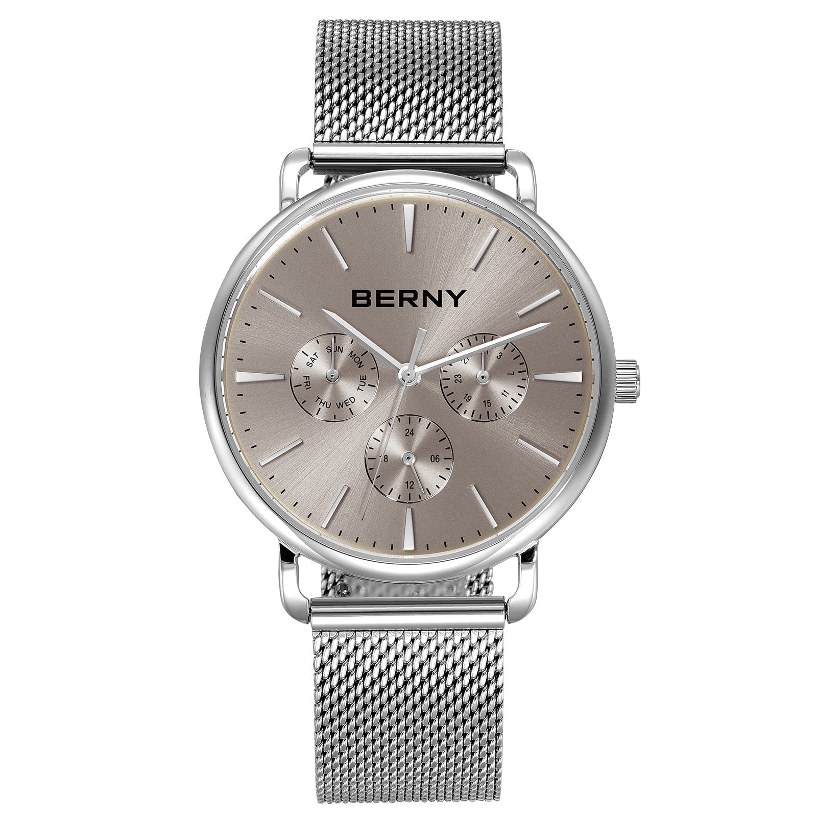 BERNY Quartz Watch for Unisex ( Men and Women), Classic Waterproof Men's Wirstwatch with Multifunctional Dials, Quick Release Stainless Steel Mesh Band, Gray Dial