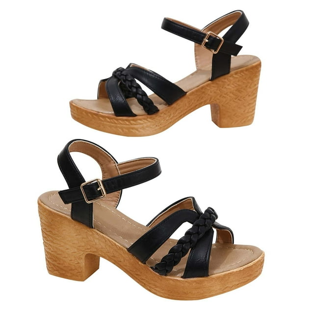 Womens Sandals with Cork Footbed Ankle Buckle Cross Straps Solid Color High Chunky Heels Open Toe Arch Support Non Slip Breathable Summer High Heels Black