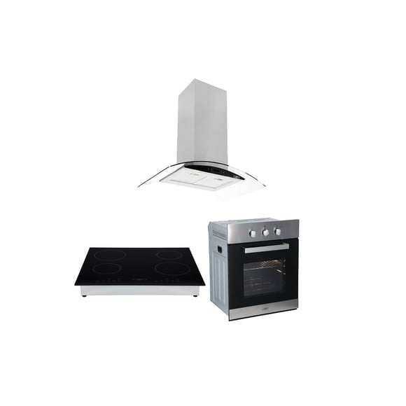 Campana de cocina de isla dig cristal curvo 90cm Ventex-Parrilla eléctrica de inducción 4 quemadores 60cm Kepler-Horno eléctrico empotrable 60L 127V e-Motrix acero