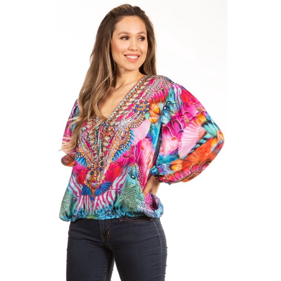 Sakkas Sante Women's Boho Loose V neck Long Sleeve Elastic Tunic Top Blouse Floral - 584-Pink - S/M