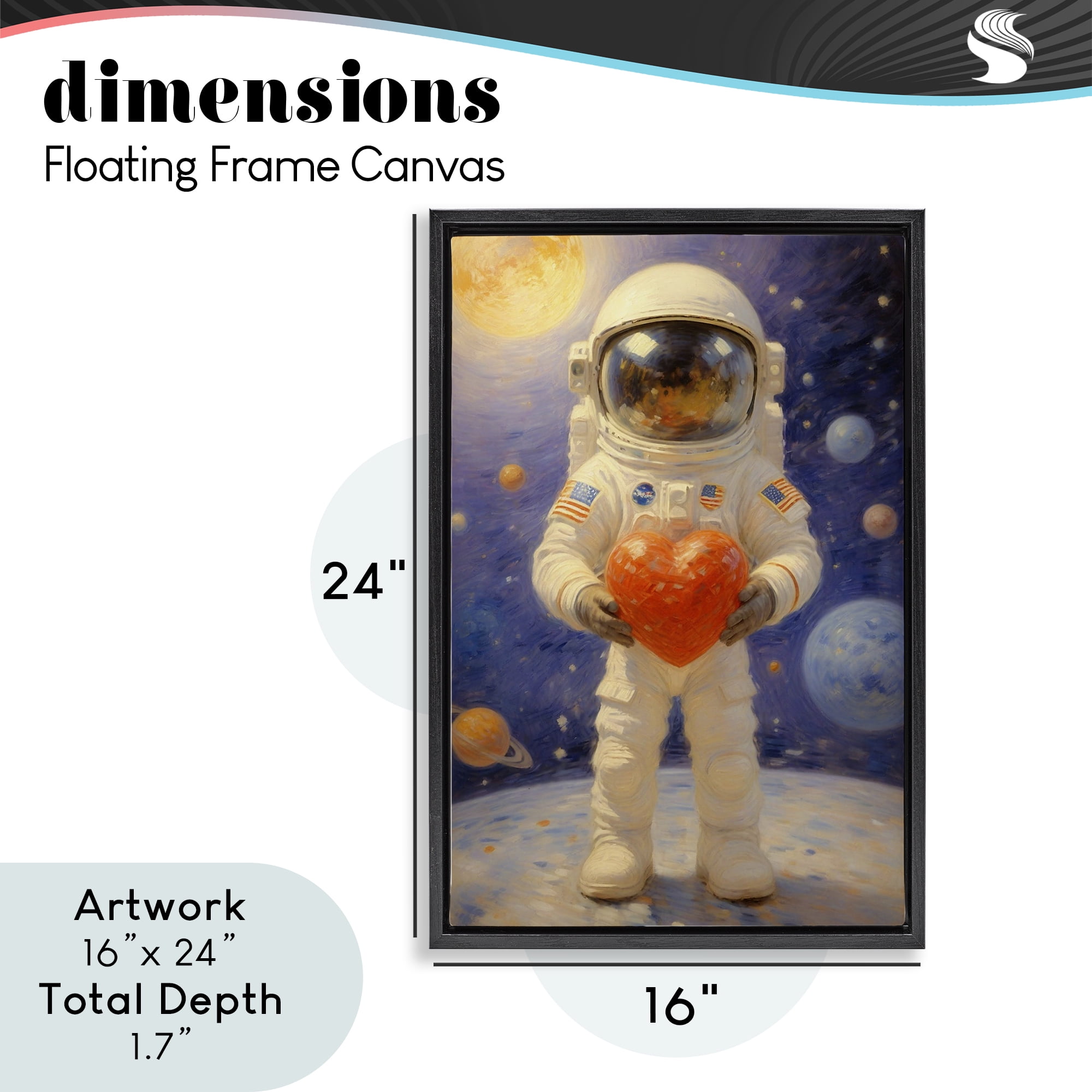 Astronaut Holding Heart Black Framed Floater Canvas Wall Art, design by Angie Hawke