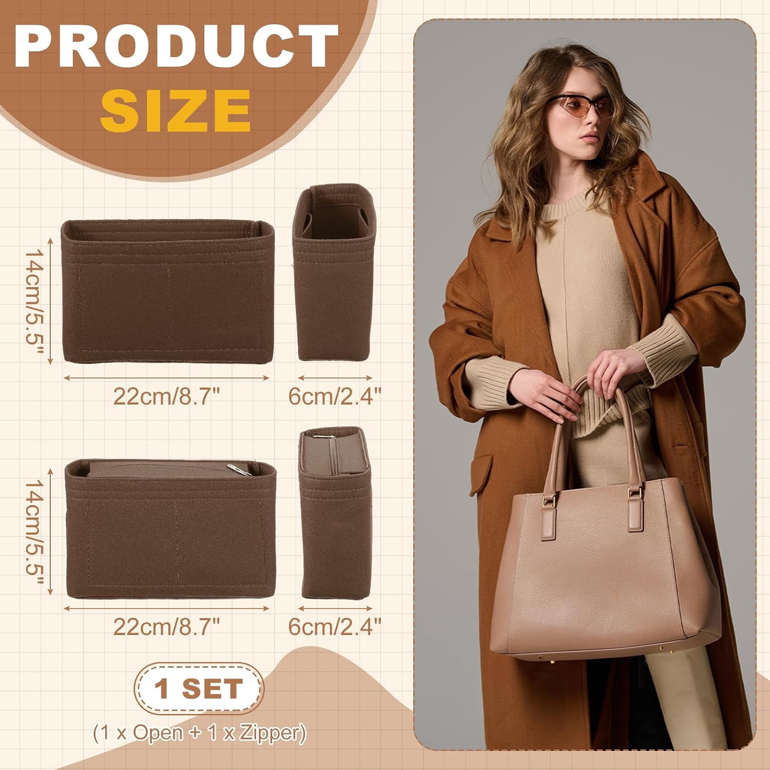 Purse Organizer Insert Set 8.7x2.4x5.5 Portable Felt Bags, Coffee ...