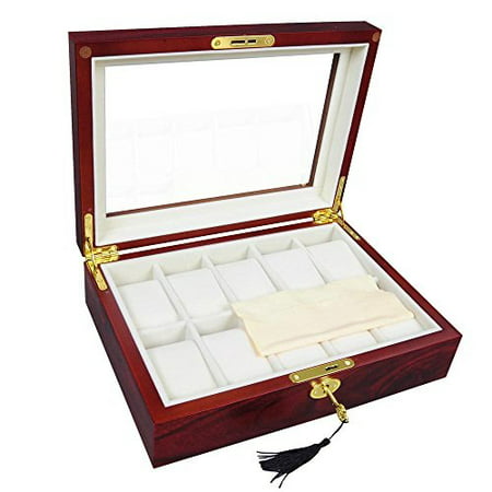 Lockable Wooden Watch Display Case Made of Rosewood with Matte Stain and Glass Top: Holds 10