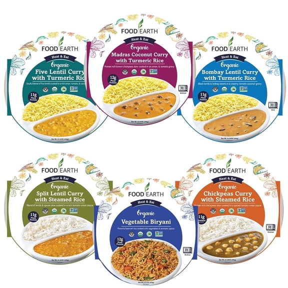 Food Earth Ready to Eat Indian Cuisine – Six Flavor Variety Pack – 100% Organic, Vegan, Gluten-Free, Heat & Serve,10.58 oz, 6 units Shelf Stable
