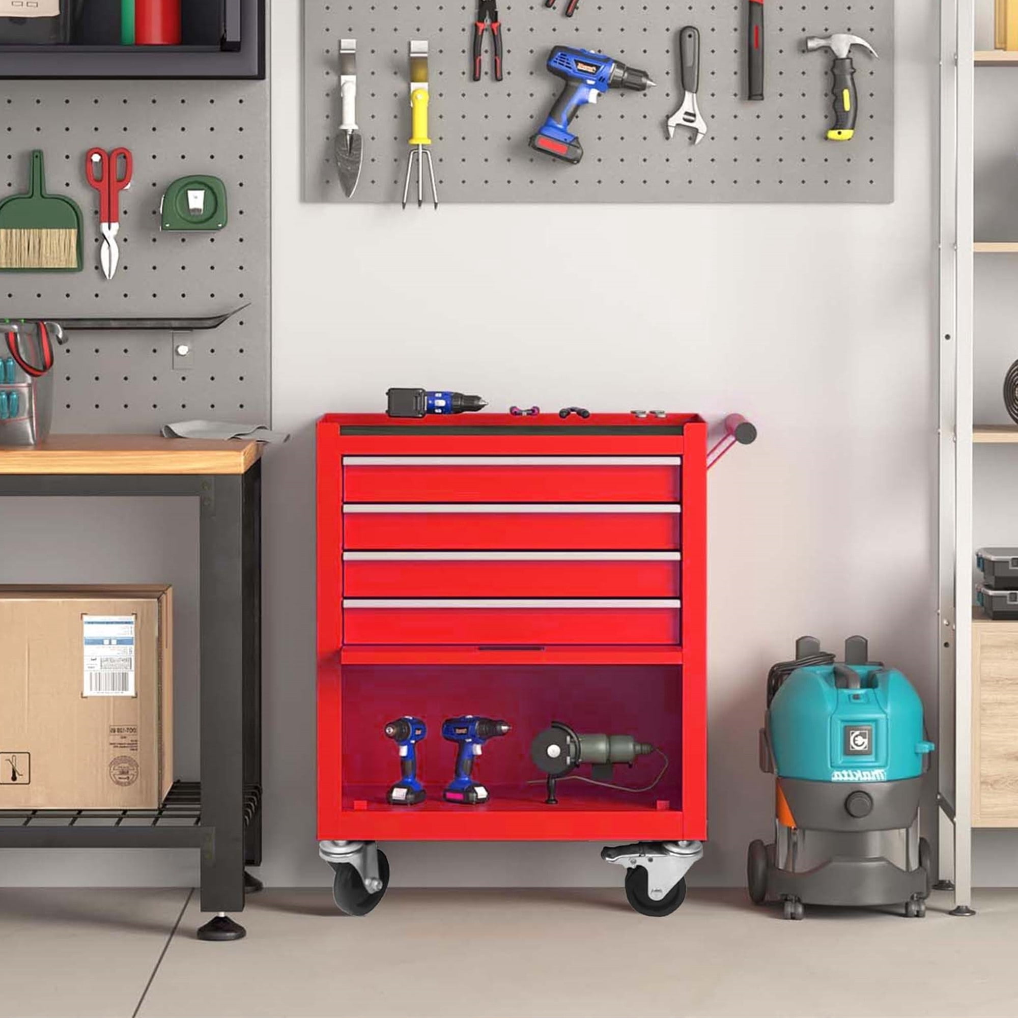 Aukfa Tool Box, 24.5 in Steel Rolling Tool Chest&Cabinet On Wheels for Garage, 4-Drawer, Red