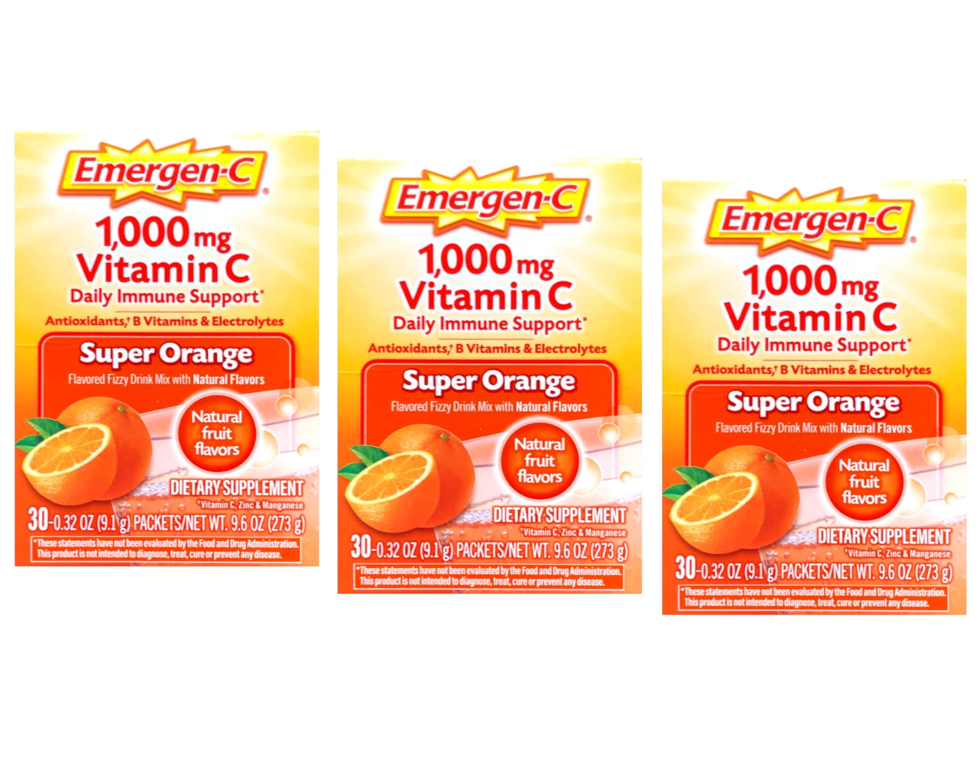 Emergen-C 1000Mg Vitamin C Powder for Immune Support Super Orange, 30 Count, 0.32 Oz Packets