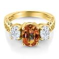 thumbnail image 3 of Gem Stone King 18K Yellow Gold Plated Silver Oval Ecstasy Mystic Topaz and White Moissanite 3-Stone Ring for Women (3.00 Cttw, Available in Size 5, 6, 7, 8, 9), 3 of 6