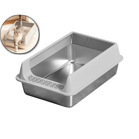 Stainless Steel High-Sided Cat Litter Box with Spade – Gray, 15.7x11.8"ss, Odor-Resistant & Easy Clean