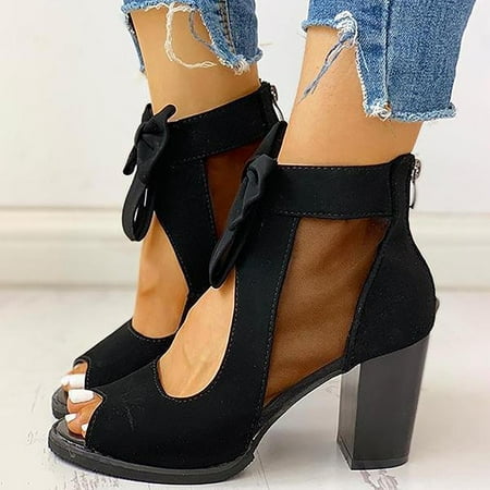 

JNGSA Sparkly Sandals For Women Sandalias Para Mujer Bow Sandals Middle Heel Chunky Heel Ladies Mesh Shoes Fashion Versatile Fish Mouth Shoes Women S Sandals