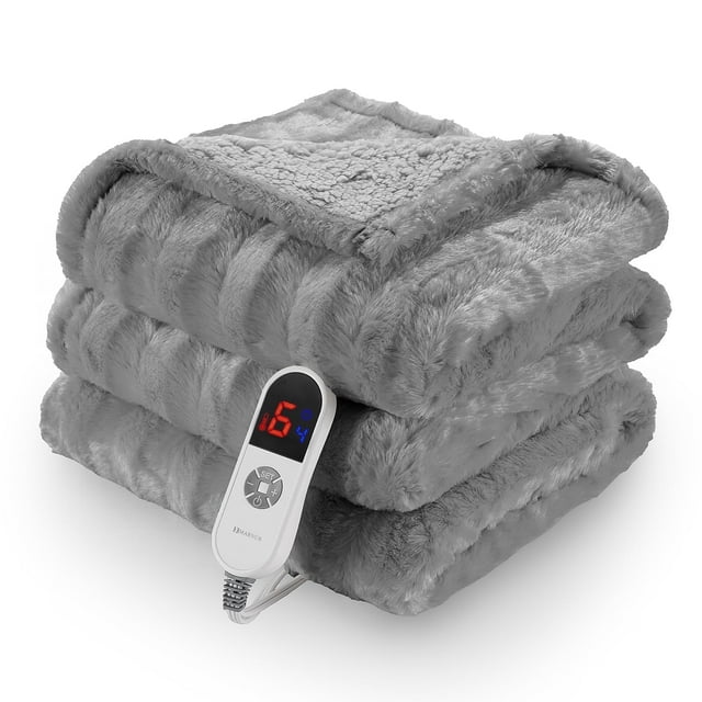MARNUR Electric Throw Blanket, a grey heated blanket measuring 60" x 70". Made with soft faux fur and shu velveteen featuring a 3D stripe design. Includes a large LED controller for adjusting 6 heat levels and a 4-hour timer. Folded neatly with visible texture and controller displayed.