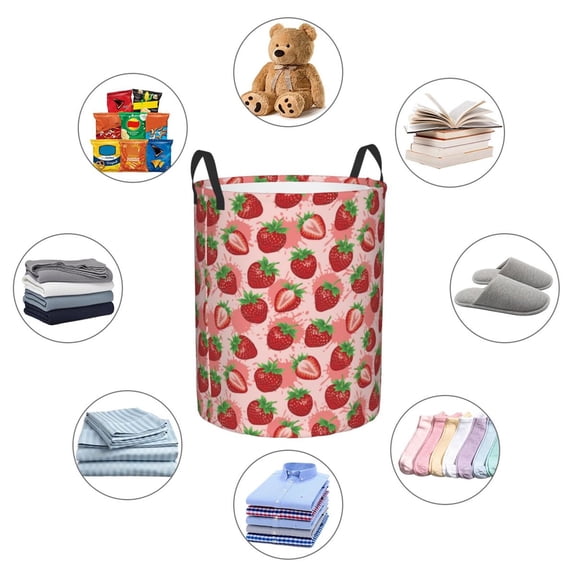Picia Cute Strawberry Large Laundry Basket, Waterproof, Freestanding Laundry Hamper, Collapsible Tall Clothes Hamper with Extended Handles-Small
