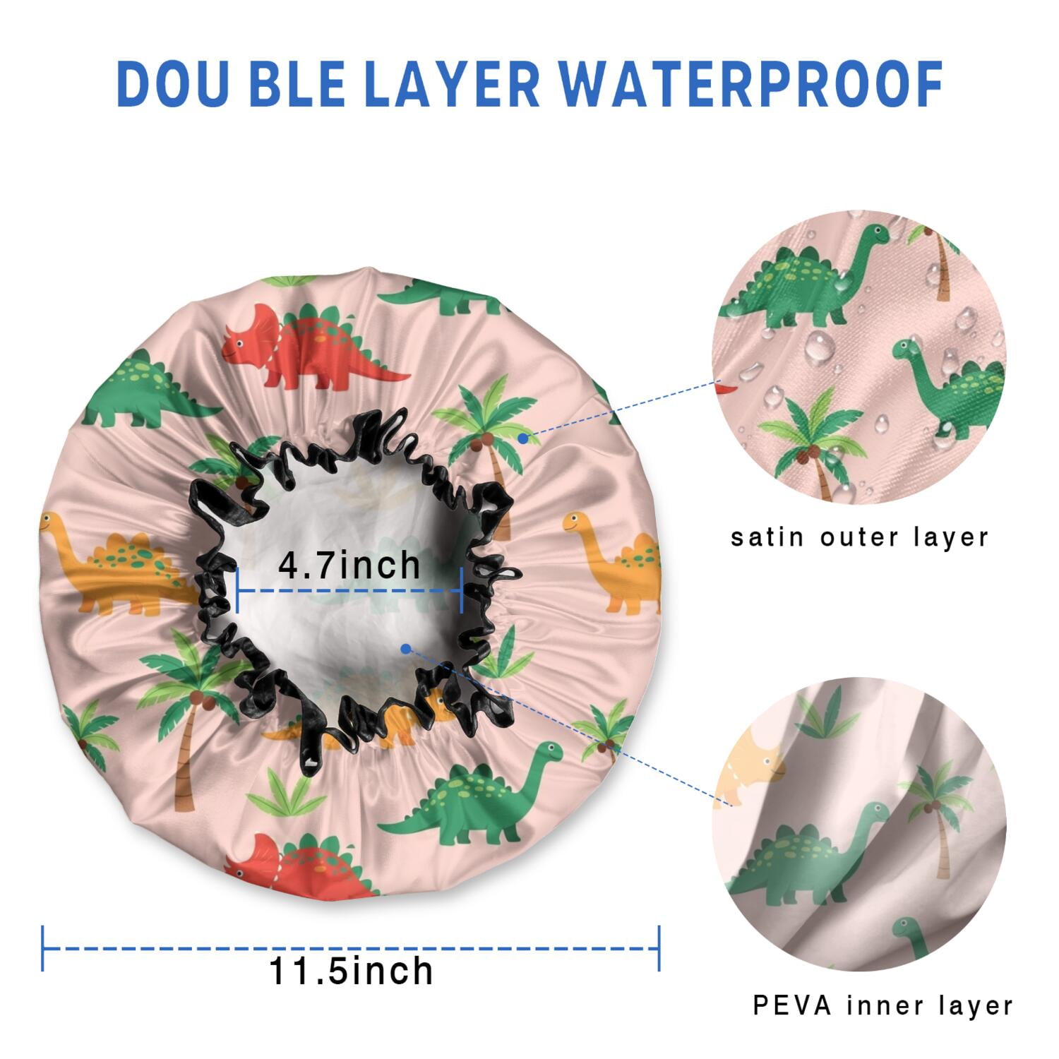 Shower Caps,Pink Cartoon Dinosaurs Palms Pattern Waterproof Shower Cap for Women 4 Pieces,Double Reusable Hair Cover for Shower PEVA Elastic Stretch Hem
