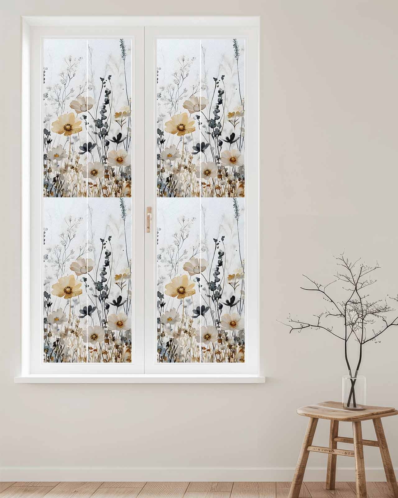 Window Privacy Film Vintage Floral Spring Stained Glass Window Film Decorative Sun Block Window Cover Farmhouse Botanical Blooms Window Clings Static Adhesive Sticker for Bathroom 29.5"x118"
